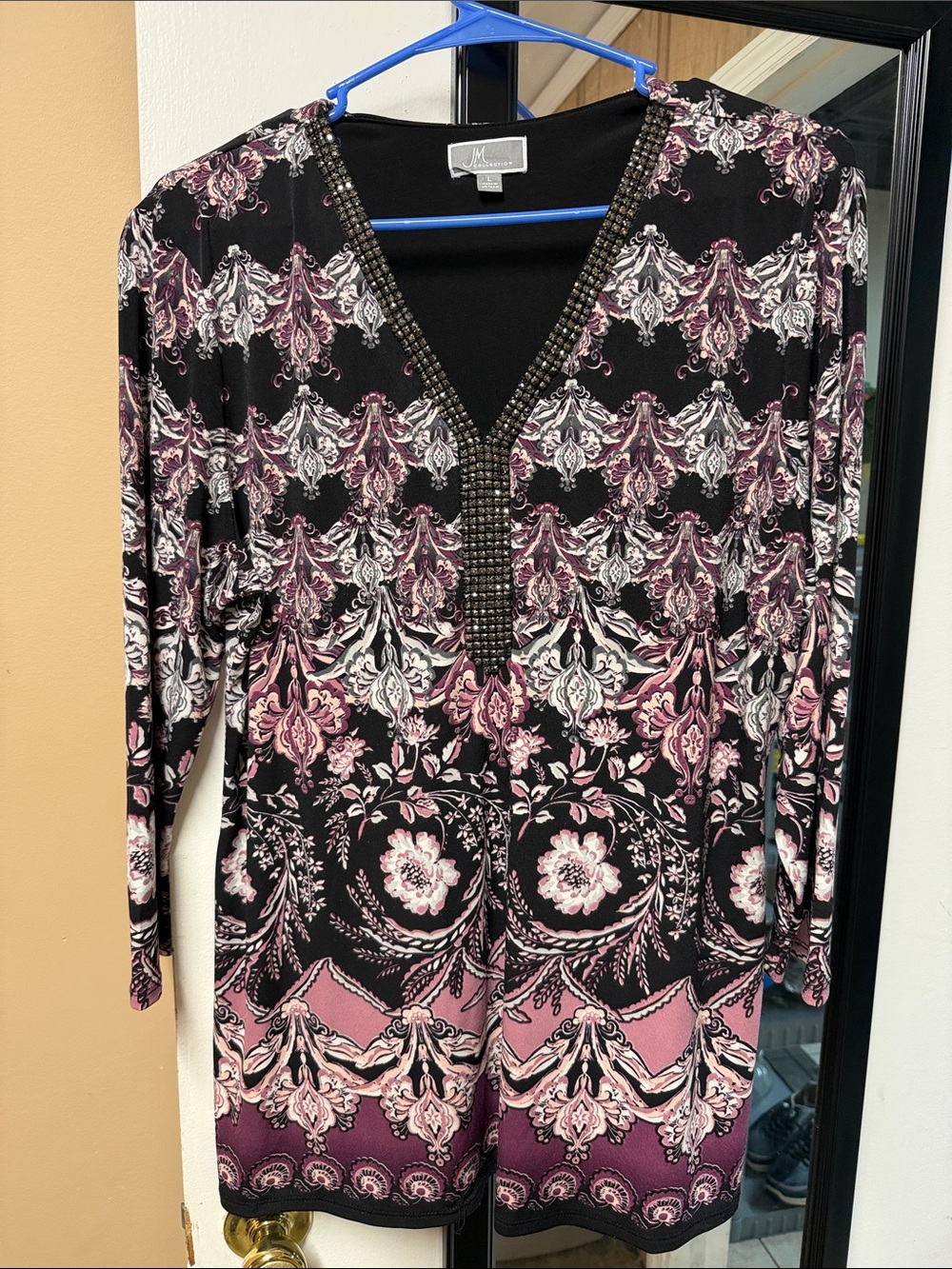 JM Collection Black Pink & White V-Neck Beaded Tunic
